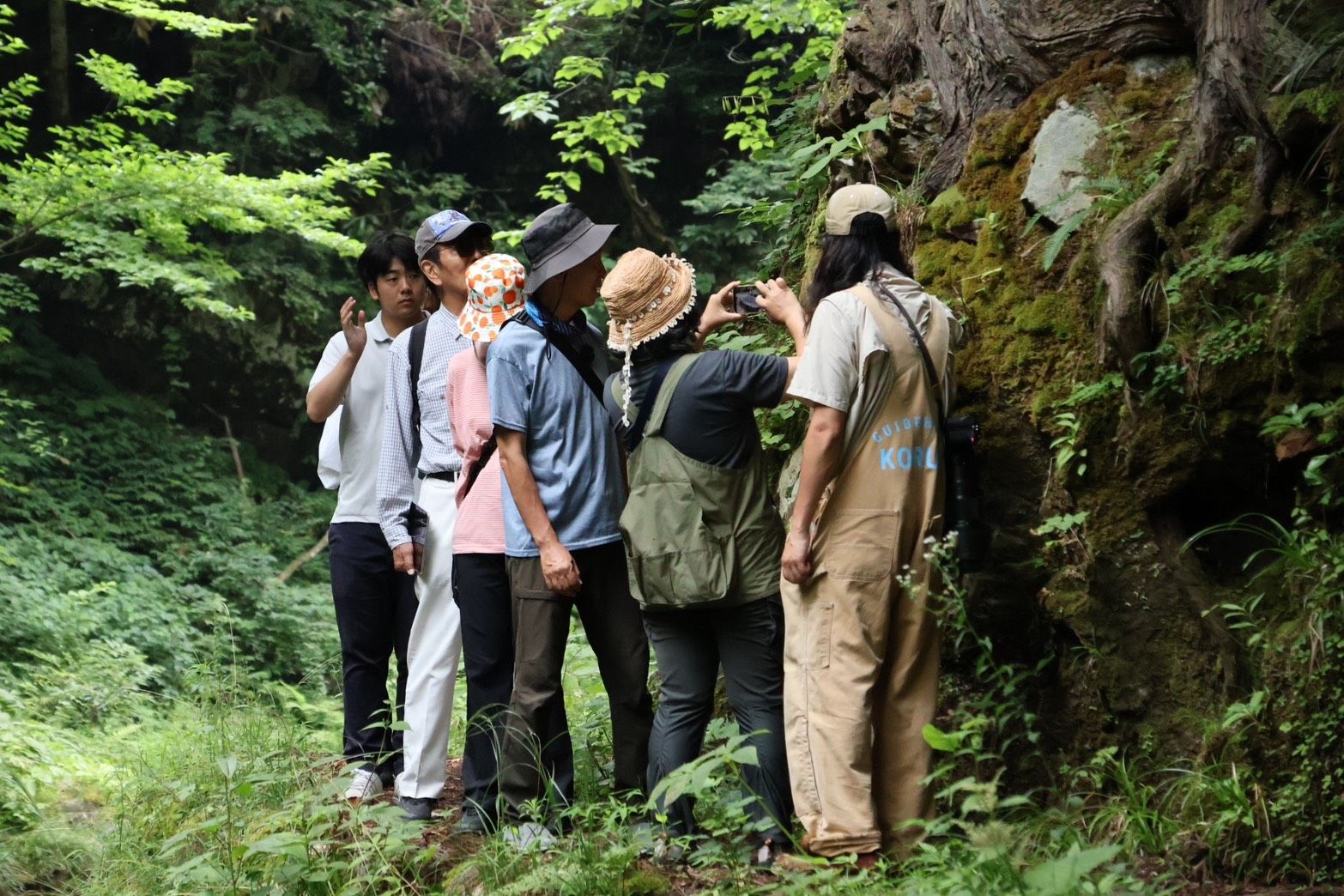 ガイドが生き物を撮影し参加者が見守る様子